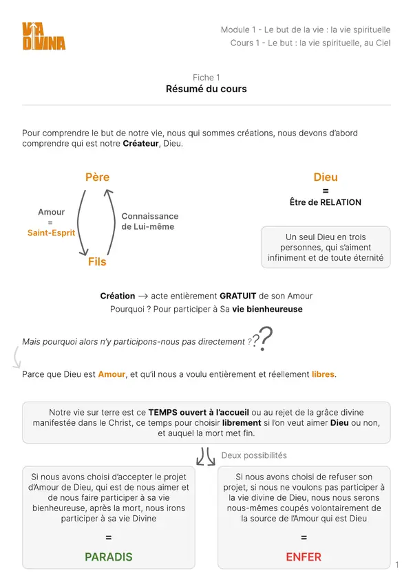 Première page de la fiche mémo du cours 1 : Le but : la vie spirituelle, au Ciel