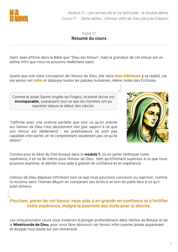 Première page de la fiche mémo du cours 17 : L'Amour infini de Dieu dans la Création