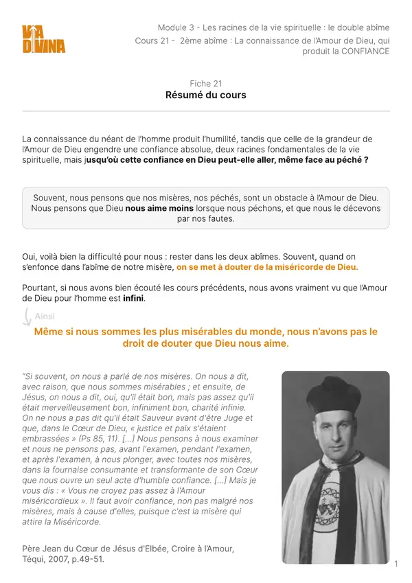 Première page de la fiche mémo du cours 21 : La connaissance de l'Amour de Dieu, qui produit la CONFIANCE