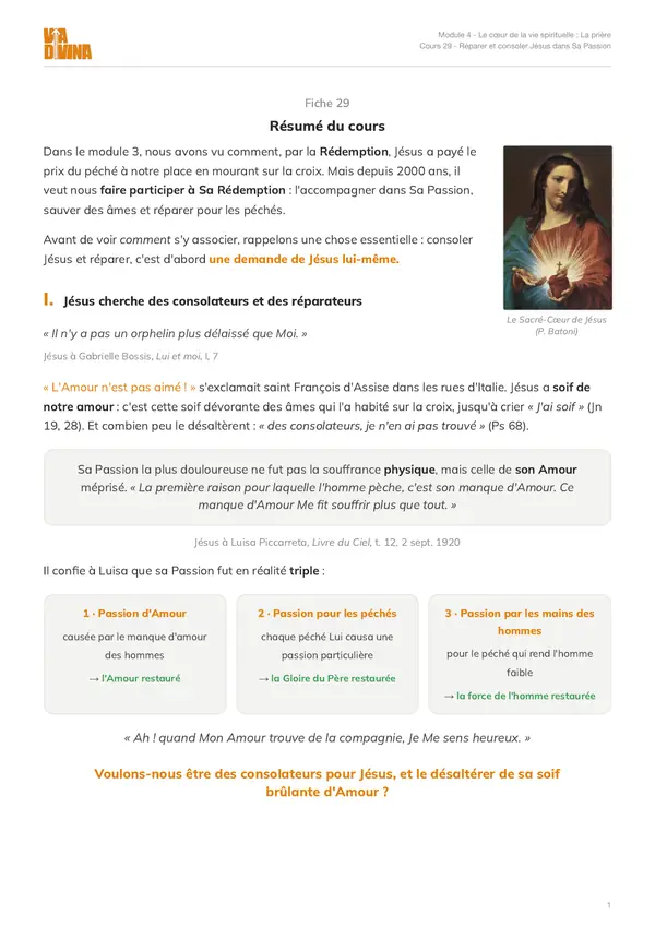 Première page de la fiche mémo du cours 29 : Consoler Jésus - L'accompagner dans Sa Passion